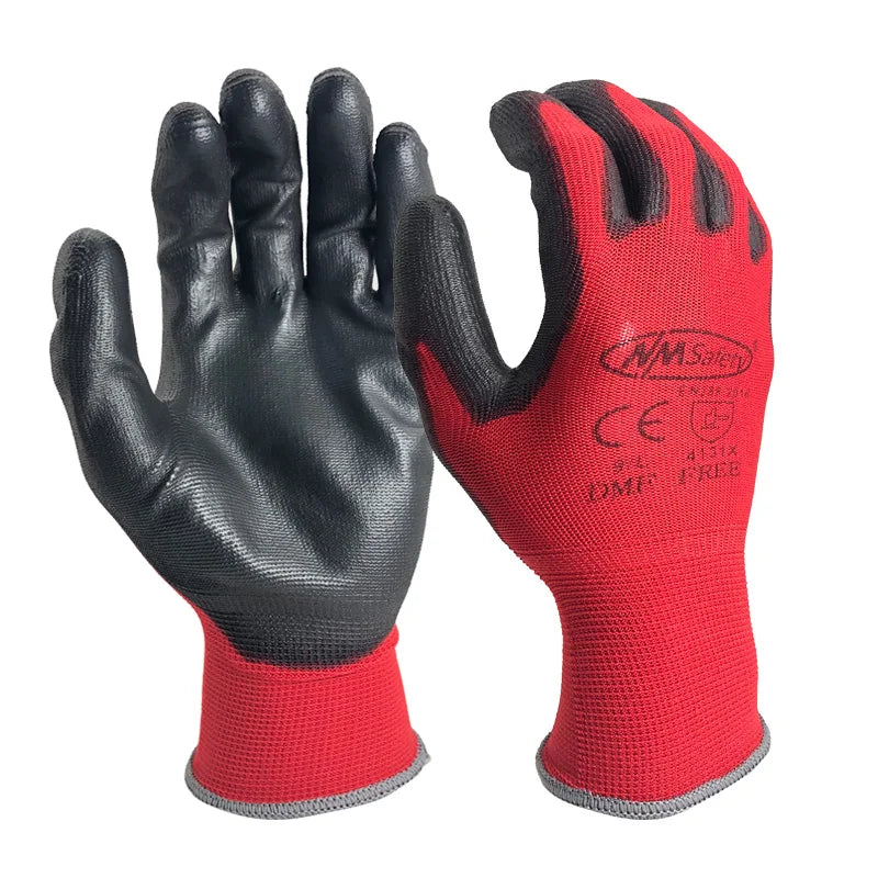 Guantes de trabajo con recubrimiento de PU – 12 pares | Certificación CE EN388 | Tejido de nailon, sin DMF