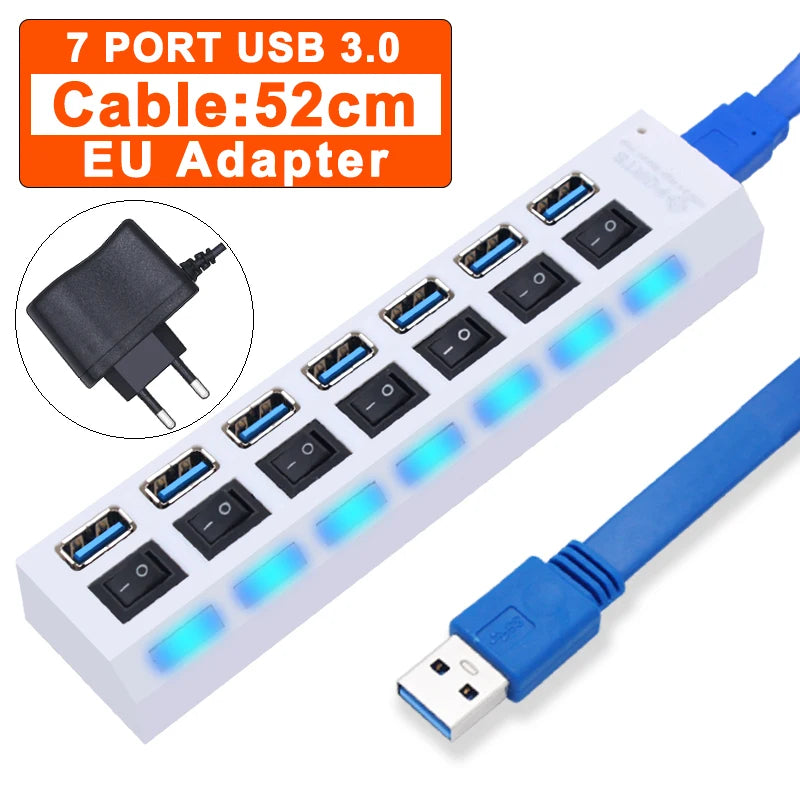 Concentrador USB de 4/7 puertos con interruptores individuales | Divisor USB 2.0 y 3.0 para PC, ordenador portátil y Mac