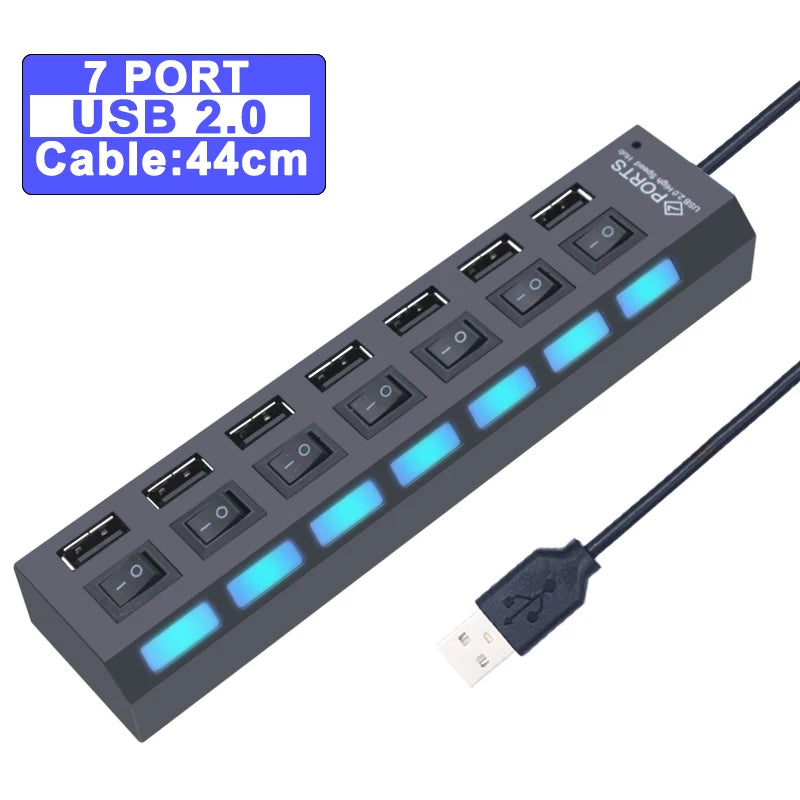 Concentrador USB de 4/7 puertos con interruptores individuales | Divisor USB 2.0 y 3.0 para PC, ordenador portátil y Mac