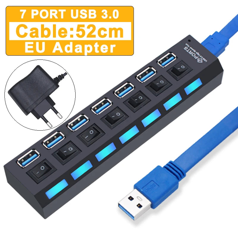 Concentrador USB de 4/7 puertos con interruptores individuales | Divisor USB 2.0 y 3.0 para PC, ordenador portátil y Mac