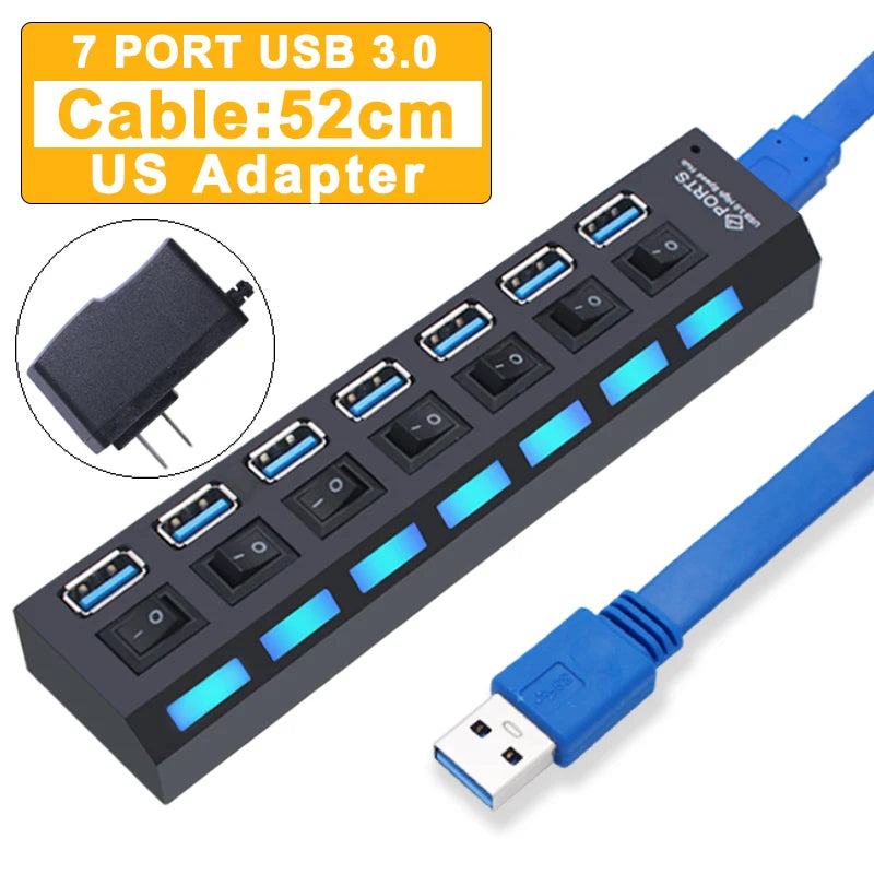 Concentrador USB de 4/7 puertos con interruptores individuales | Divisor USB 2.0 y 3.0 para PC, ordenador portátil y Mac