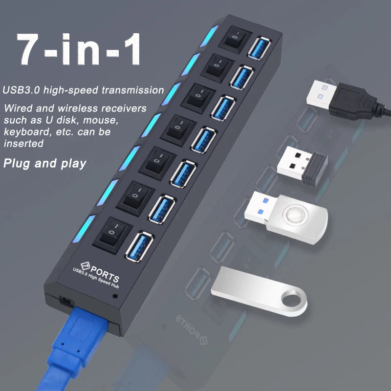 Hub USB de 4/7 Portas com Botões Individuais | Divisor USB 2.0 e 3.0 para PC, Portátil e Mac