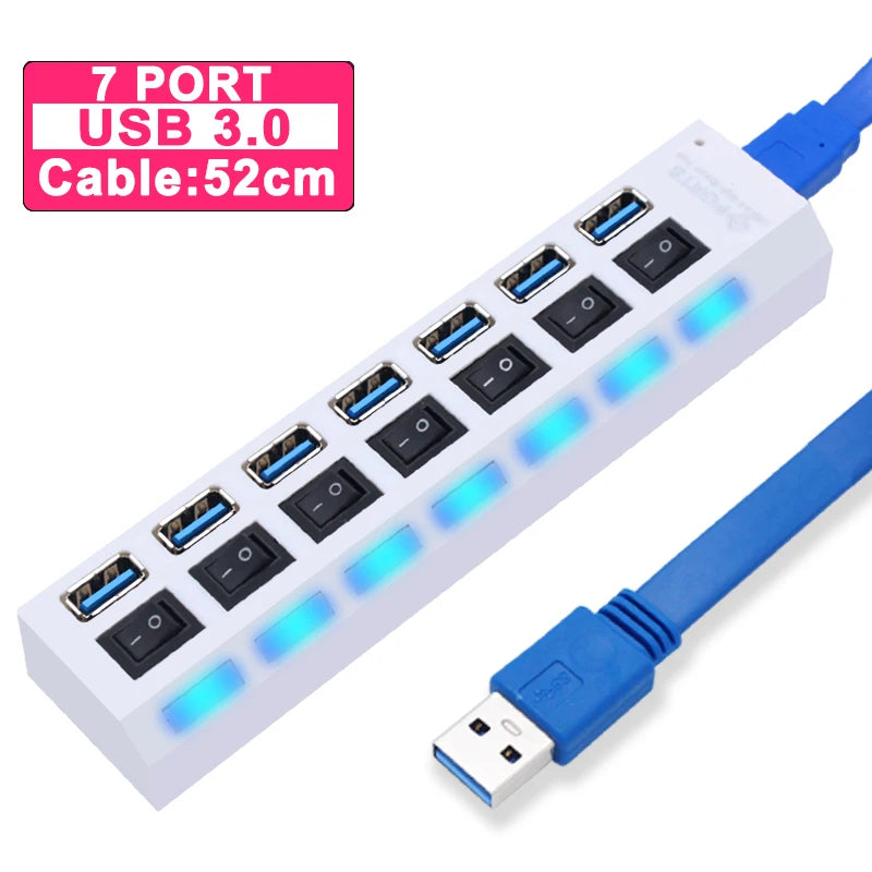 Concentrador USB de 4/7 puertos con interruptores individuales | Divisor USB 2.0 y 3.0 para PC, ordenador portátil y Mac