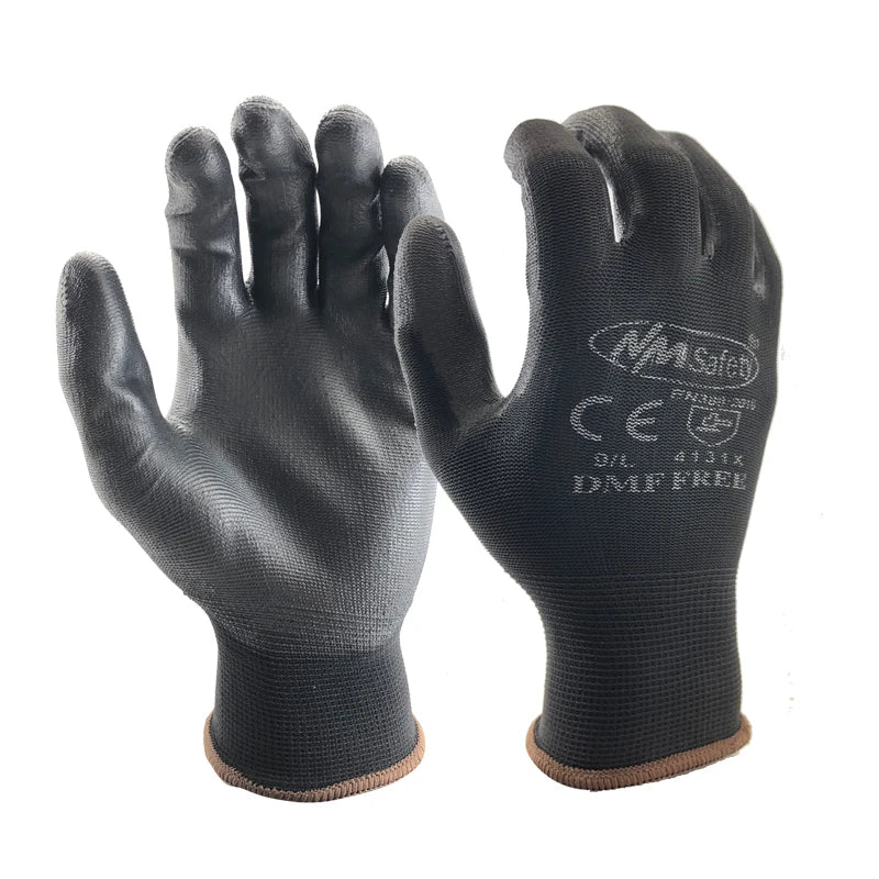 Guantes de trabajo con recubrimiento de PU – 12 pares | Certificación CE EN388 | Tejido de nailon, sin DMF