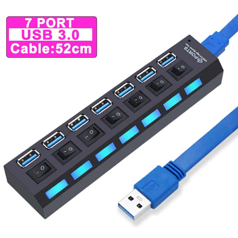 Concentrador USB de 4/7 puertos con interruptores individuales | Divisor USB 2.0 y 3.0 para PC, ordenador portátil y Mac