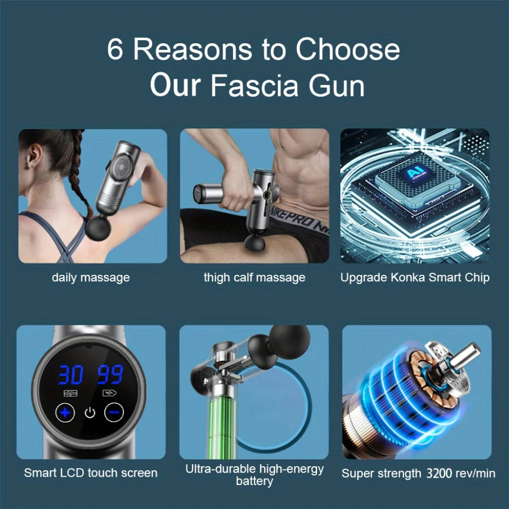 Pistola de Massagem Portátil — Massajador de Percussão de Tecidos Profundos com 4 Cabeças