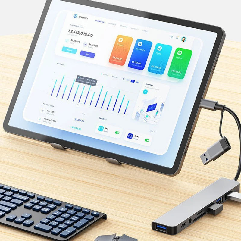 Estación de acoplamiento 8 en 2 USB + Tipo-C | Conector de audio, lector de tarjetas SD, USB 3.0 para portátil y teléfono
