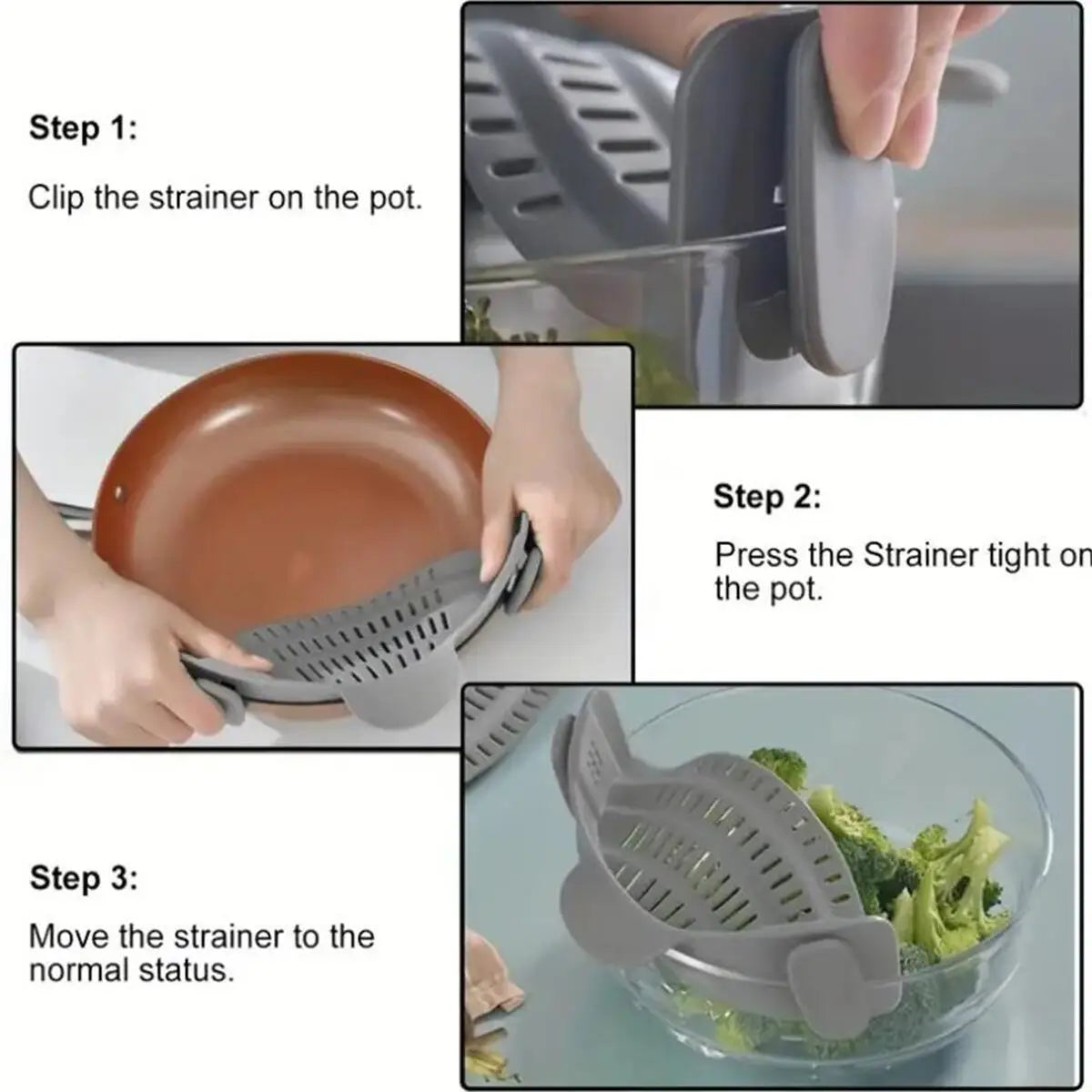 Colador de silicona de clip - Colador ajustable para ollas y sartenes