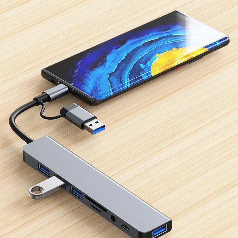 Hub Docking Station 8 em 2 USB + Type-C | Entrada de áudio, Leitor de cartões SD, USB 3.0 para portátil e telemóvel