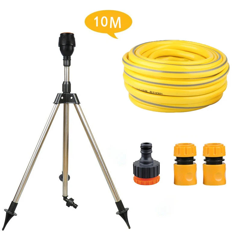 Aspersor Rotativo 360° para Jardim com Tripé de Aço Inoxidável – Conjunto de Rega Ajustável para Relvado