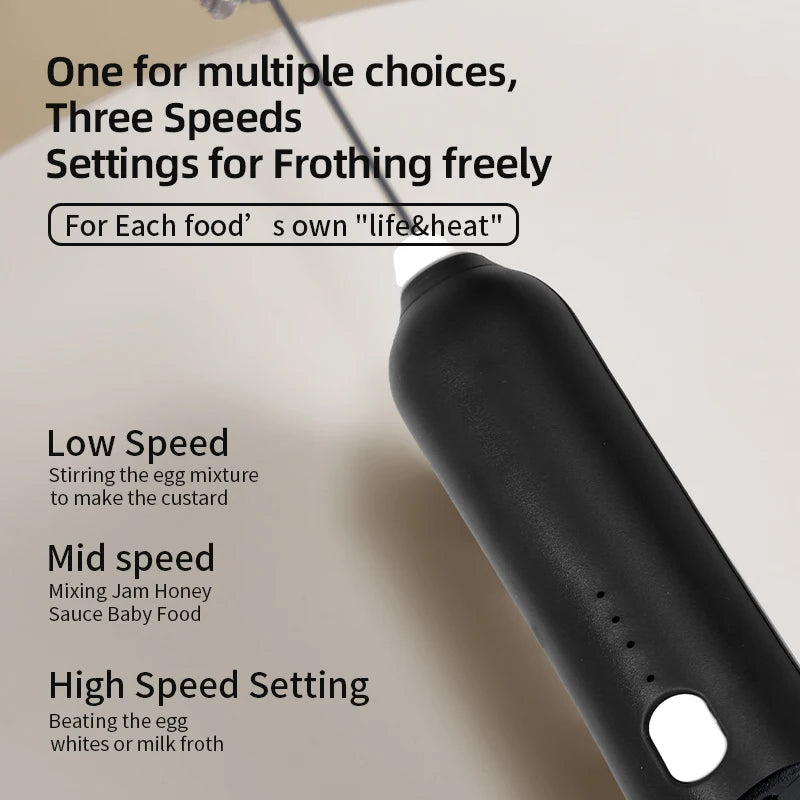 Espumador de Leite e Batedor de Ovos Elétrico — Sem Fios, Recarregável por USB-C, 3 Velocidades