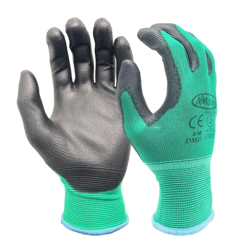 Guantes de trabajo con recubrimiento de PU – 12 pares | Certificación CE EN388 | Tejido de nailon, sin DMF