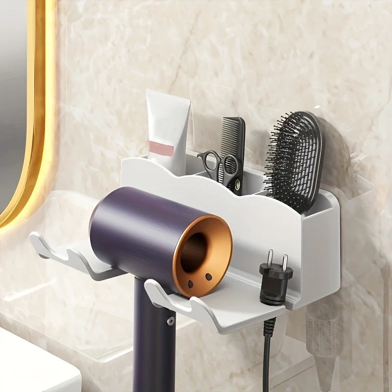 Soporte de secador de pelo de pared | Estante de almacenamiento de baño sin taladro | Blanco y negro