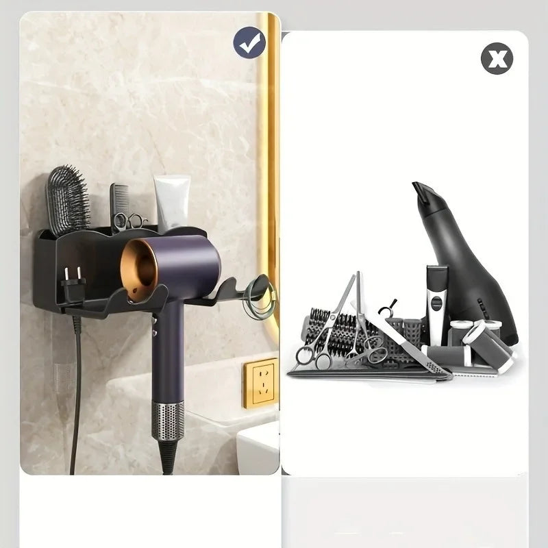Suporte de Secador de Cabelo de Parede | Suporte de Arrumação para Casa de Banho sem Furos | Branco e Preto