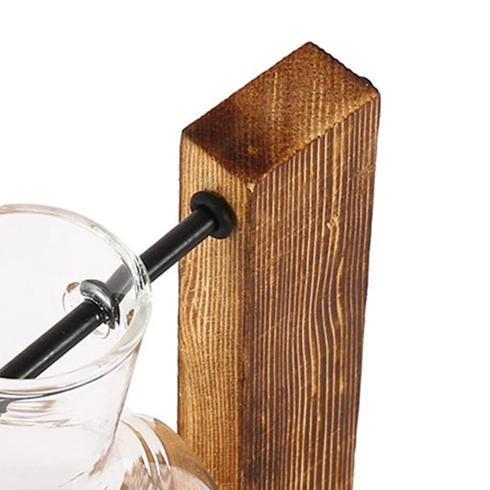 Jarrón de cristal en forma de bombilla con soporte de madera | Macetero hidropónico de escritorio