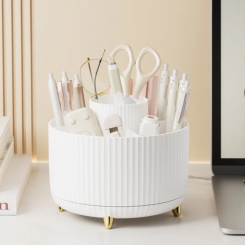 Organizador de maquillaje giratorio 360° — Caja de almacenamiento de escritorio de 5 compartimentos para brochas, lápices labiales y accesorios