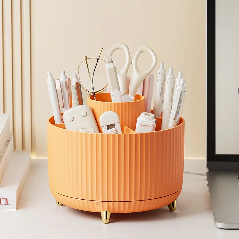 Organizador de maquillaje giratorio 360° — Caja de almacenamiento de escritorio de 5 compartimentos para brochas, lápices labiales y accesorios