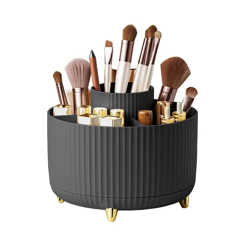 Organizador de maquillaje giratorio 360° — Caja de almacenamiento de escritorio de 5 compartimentos para brochas, lápices labiales y accesorios