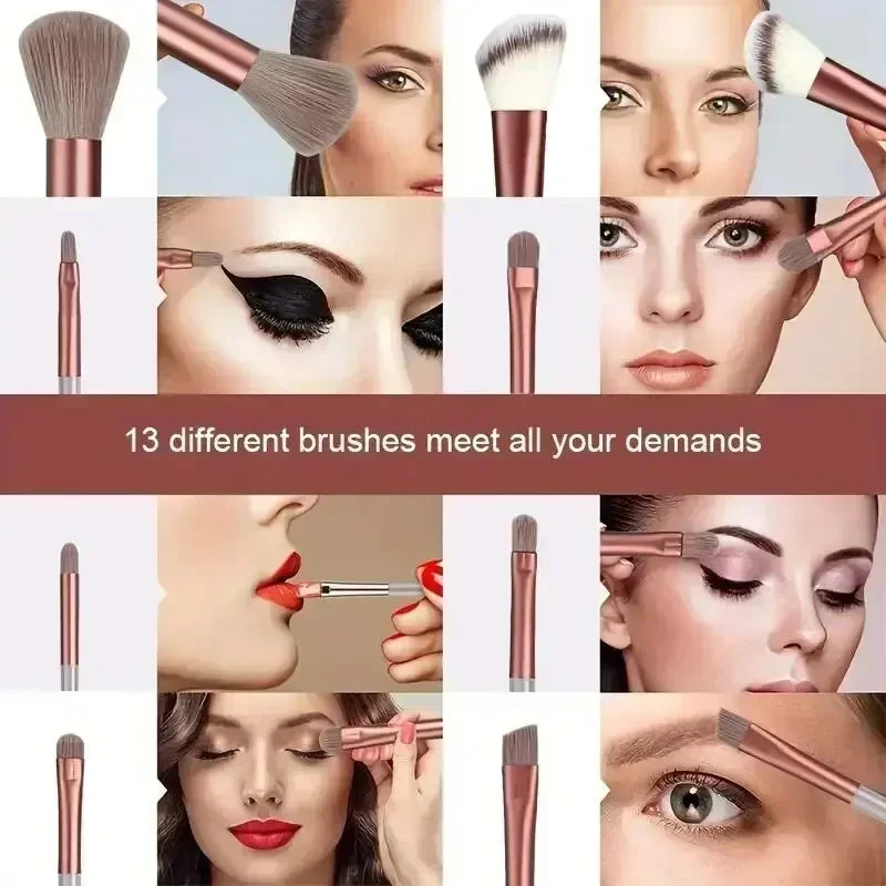 Juego de 13 brochas de maquillaje profesionales — Brochas para base, sombra de ojos, Kabuki y difuminar con bolsa de almacenamiento