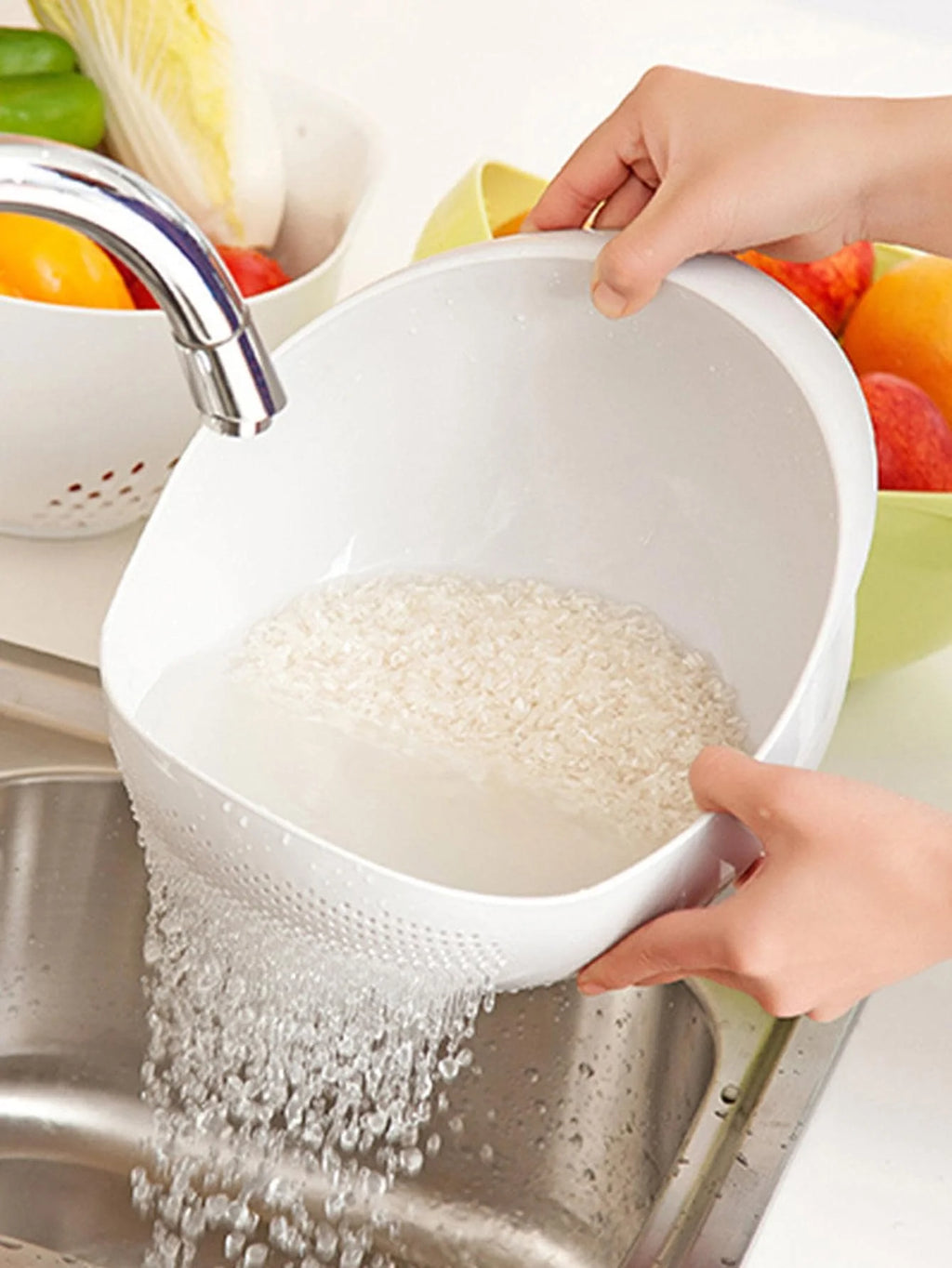 Cesto de Drenagem para Cozinha com Pegas | Escorredor para Lavar Arroz, Fruta e Legumes