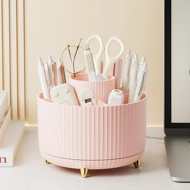 Organizador de maquillaje giratorio 360° — Caja de almacenamiento de escritorio de 5 compartimentos para brochas, lápices labiales y accesorios