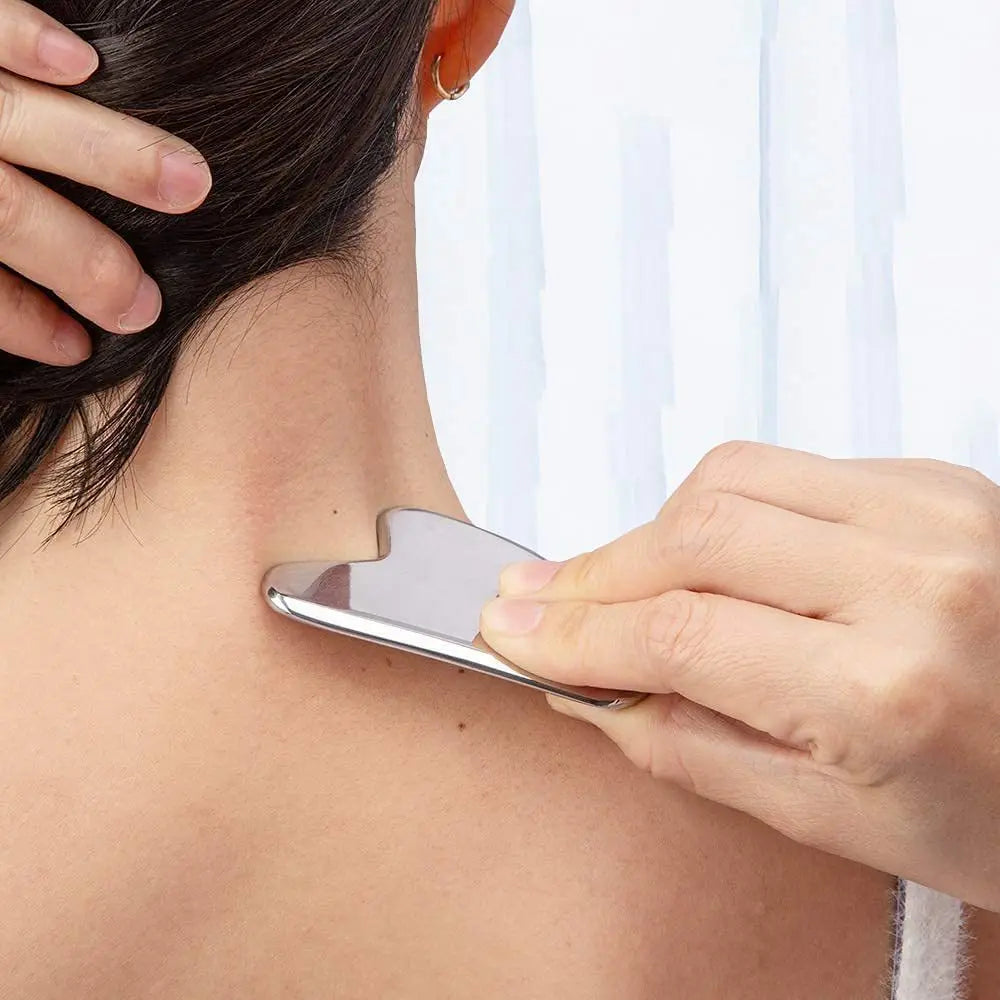 Massageador Facial Gua Sha em Aço Inoxidável | Ferramenta de Raspagem para Rosto, Pescoço e Corpo