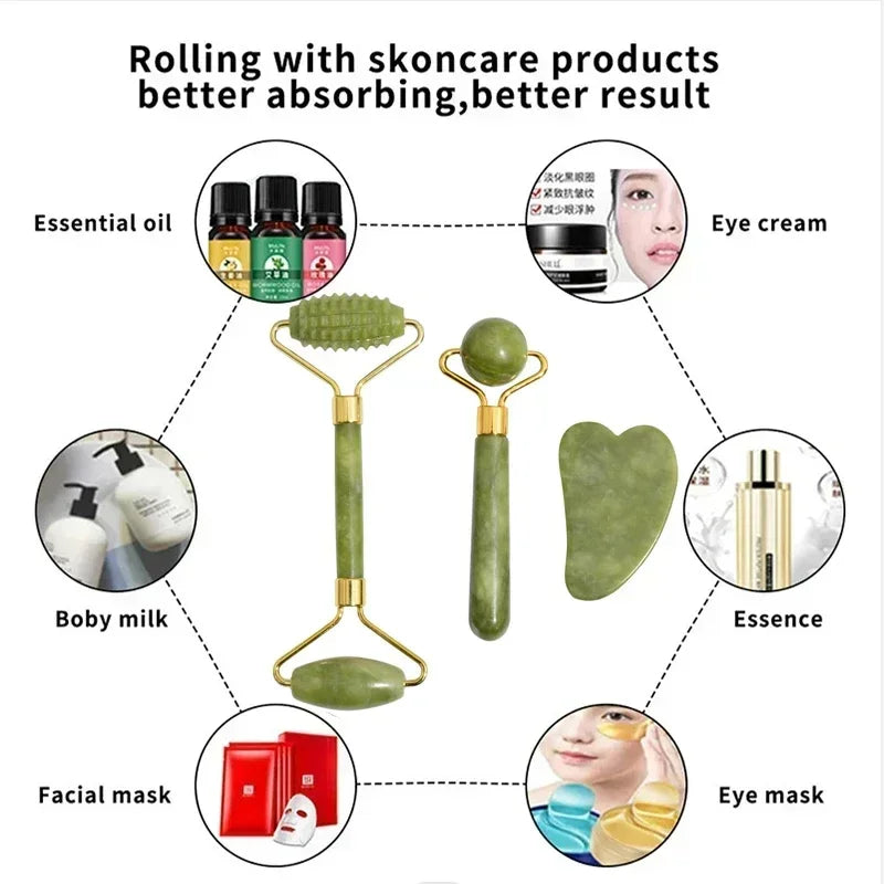 GlowRoller – Juego de Gua Sha y Rodillo Facial de Jade Natural