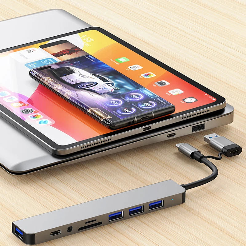 Estación de acoplamiento 8 en 2 USB + Tipo-C | Conector de audio, lector de tarjetas SD, USB 3.0 para portátil y teléfono