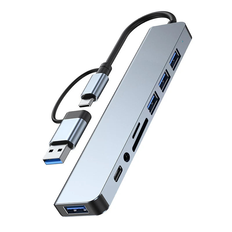 Hub Docking Station 8 em 2 USB + Type-C | Entrada de áudio, Leitor de cartões SD, USB 3.0 para portátil e telemóvel