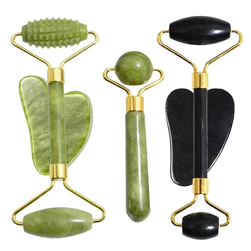 GlowRoller – Conjunto de Jade Gua Sha e Rolo Facial Natural