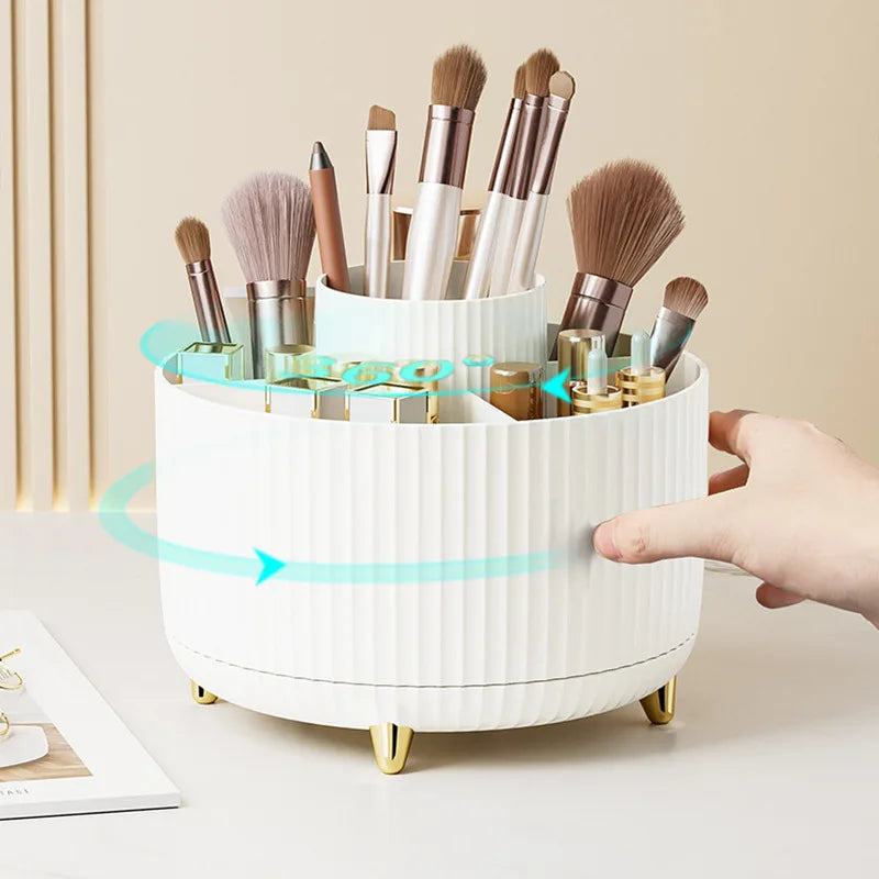Organizador de maquillaje giratorio 360° — Caja de almacenamiento de escritorio de 5 compartimentos para brochas, lápices labiales y accesorios