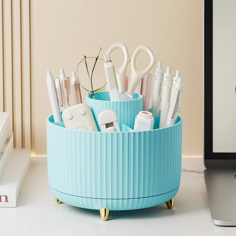 Organizador de maquillaje giratorio 360° — Caja de almacenamiento de escritorio de 5 compartimentos para brochas, lápices labiales y accesorios
