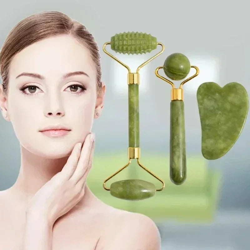GlowRoller – Conjunto de Jade Gua Sha e Rolo Facial Natural