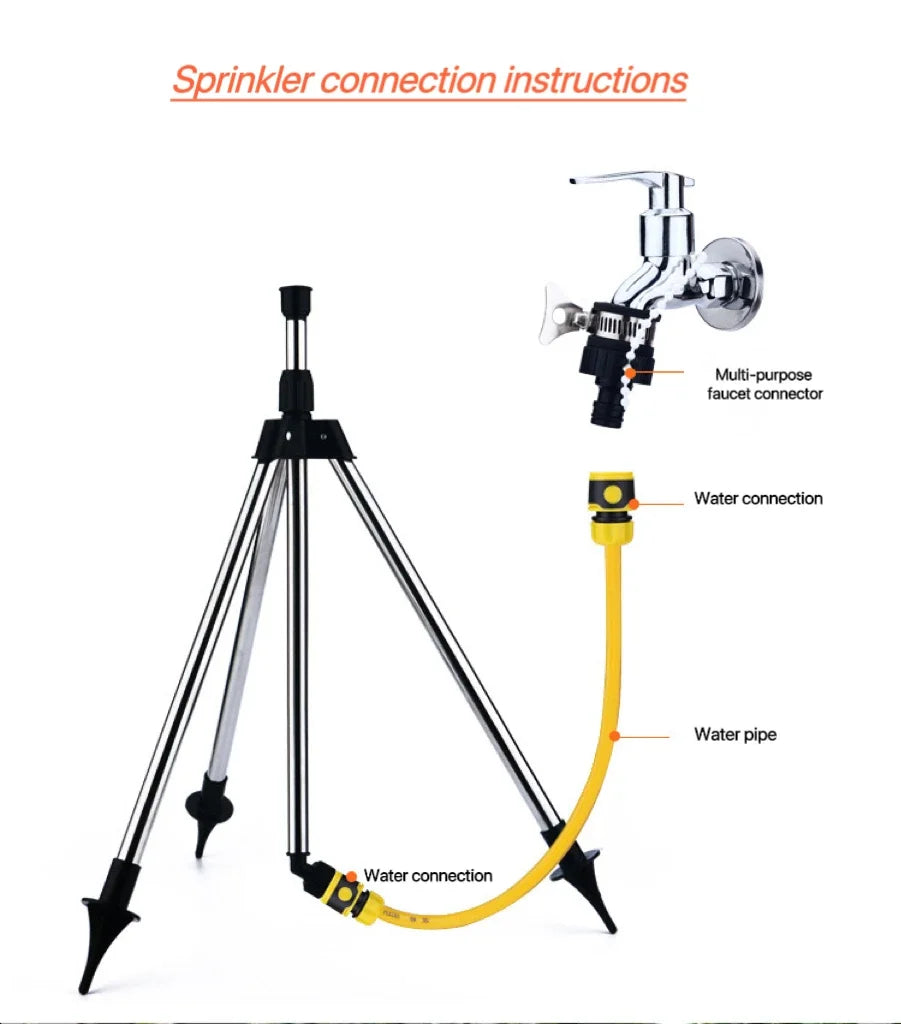 Aspersor Rotativo 360° para Jardim com Tripé de Aço Inoxidável – Conjunto de Rega Ajustável para Relvado