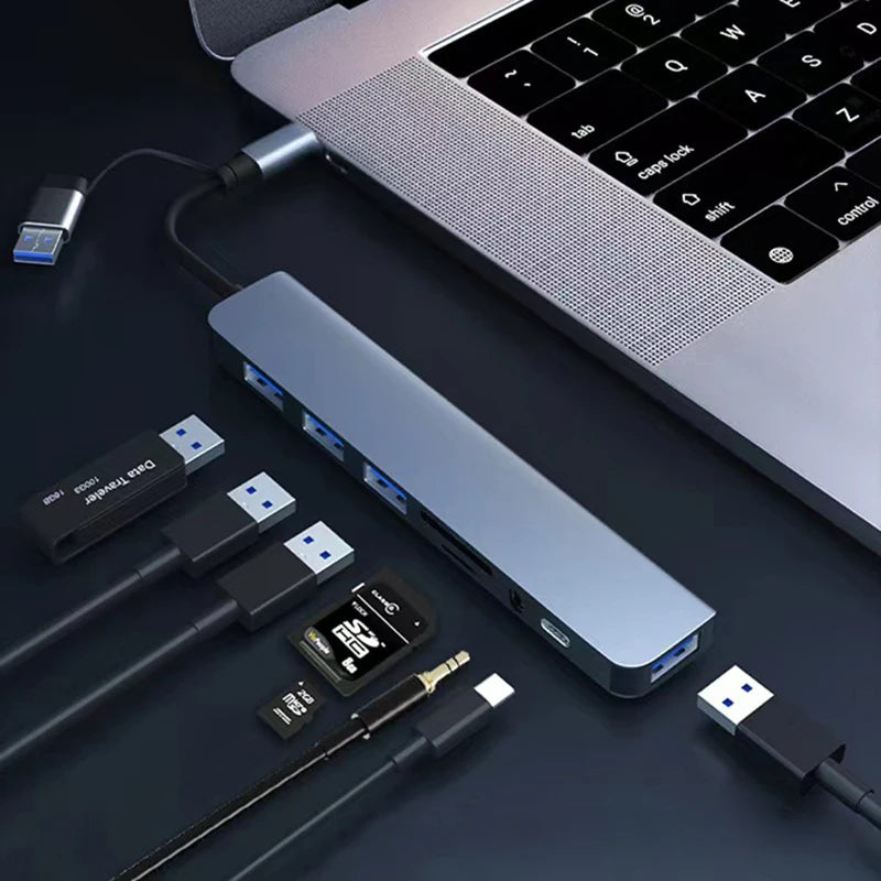 Hub Docking Station 8 em 2 USB + Type-C | Entrada de áudio, Leitor de cartões SD, USB 3.0 para portátil e telemóvel