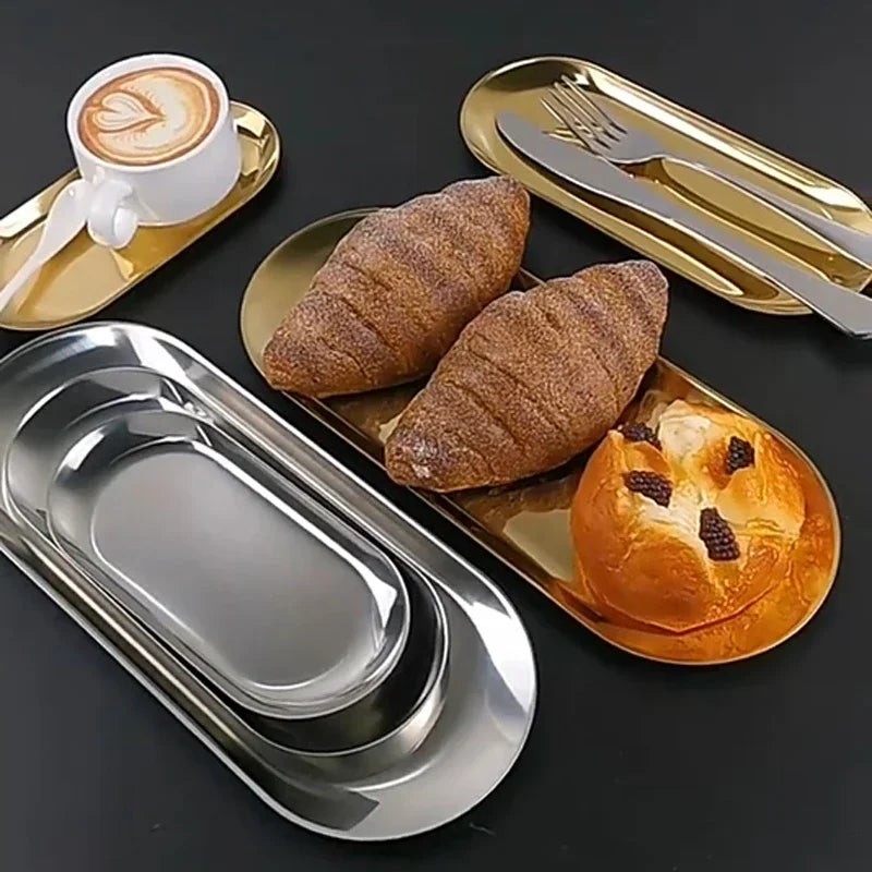 Tabuleiro de Servir Oval em Aço Inoxidável | Dourado e Prateado