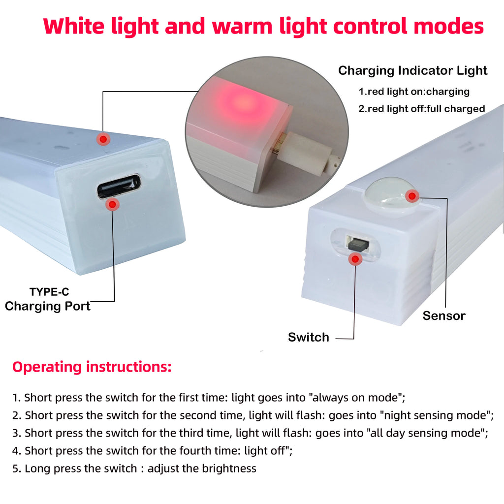 Luz LED para Armário com Sensor de Movimento — Recarregável por USB-C