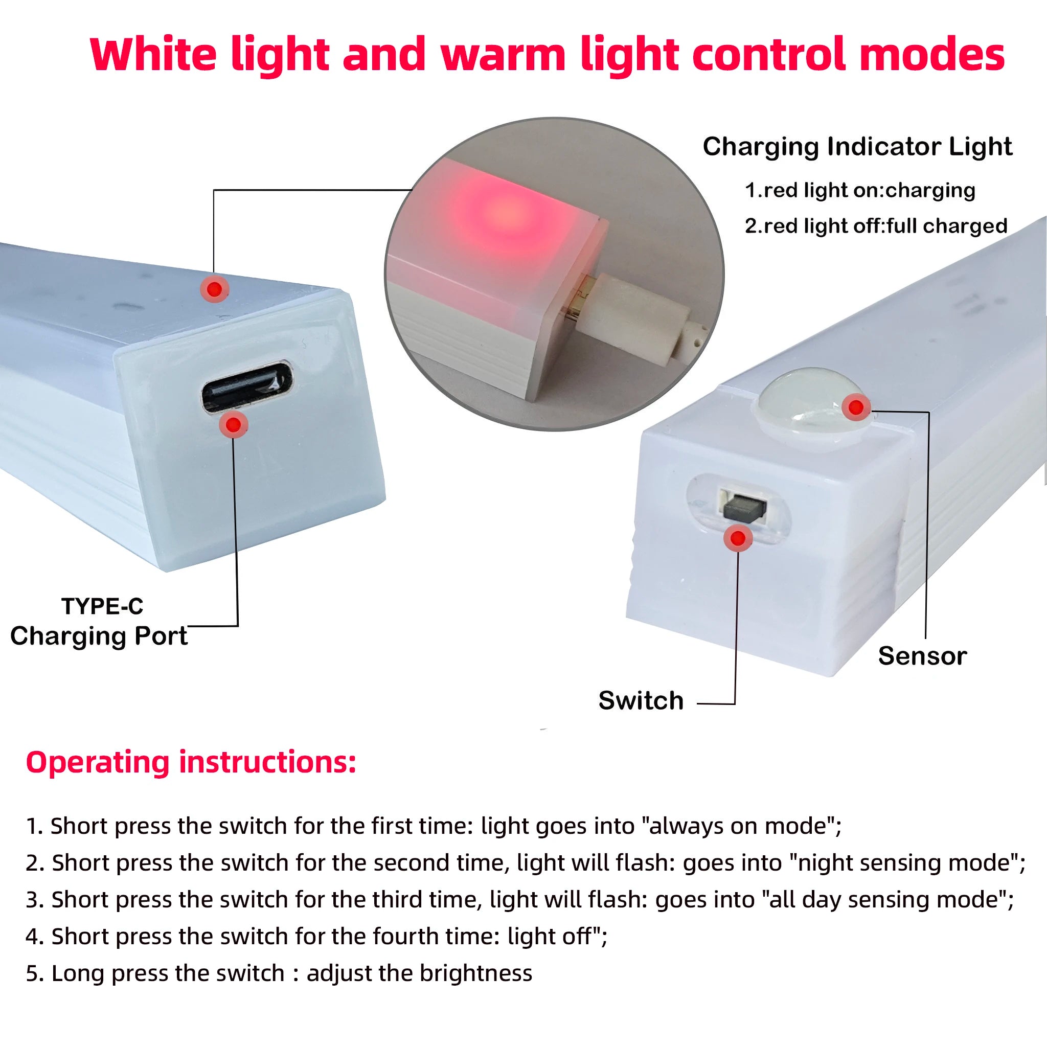 Luz LED para Armário com Sensor de Movimento — Recarregável por USB-C