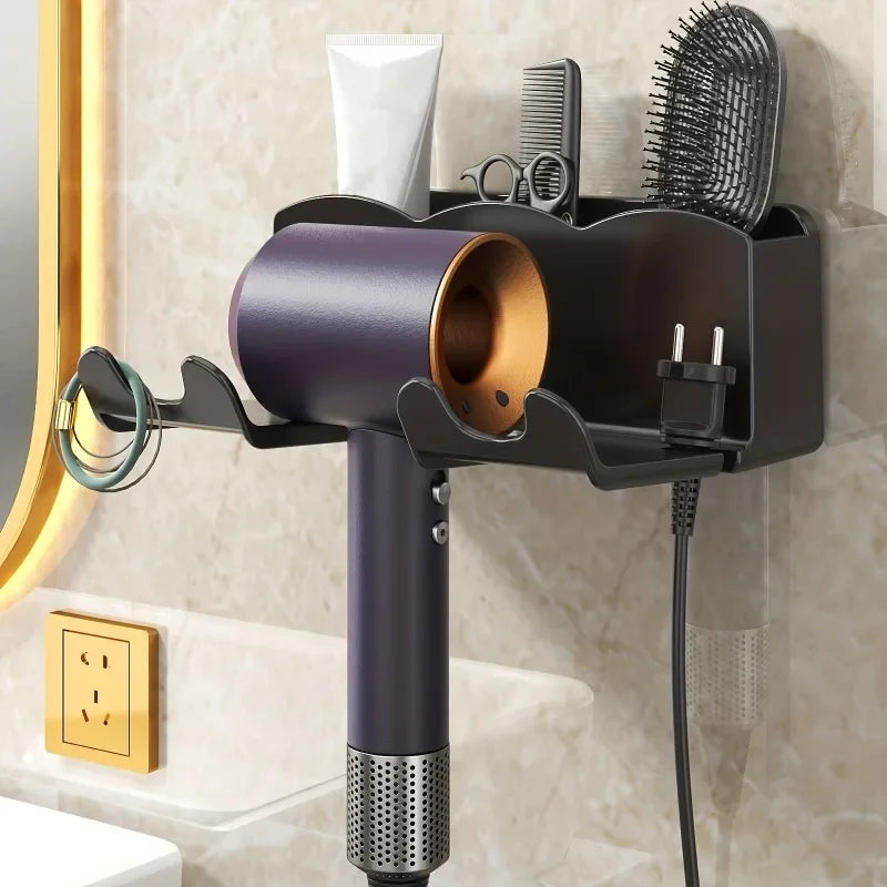 Soporte de secador de pelo de pared | Estante de almacenamiento de baño sin taladro | Blanco y negro