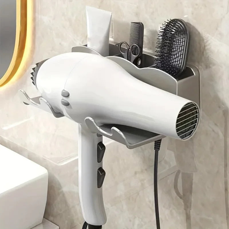Soporte de secador de pelo de pared | Estante de almacenamiento de baño sin taladro | Blanco y negro