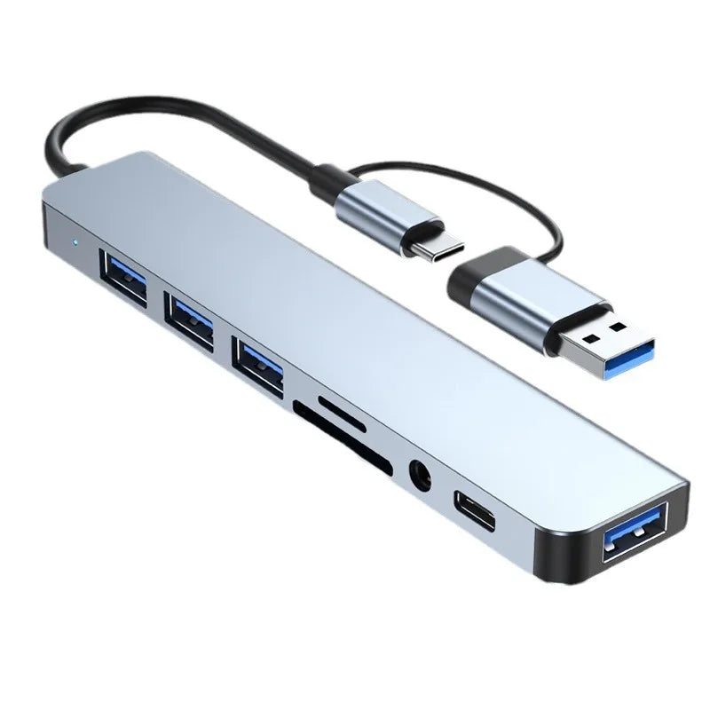 Hub Docking Station 8 em 2 USB + Type-C | Entrada de áudio, Leitor de cartões SD, USB 3.0 para portátil e telemóvel