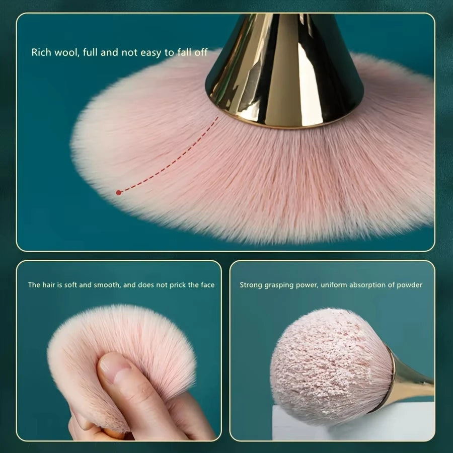 Pincel de Maquilhagem Leque Rose Gold — Pincel Suave para Iluminador, Pó Solto e Blush