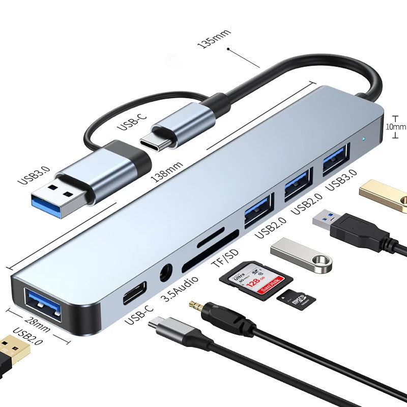 Hub Docking Station 8 em 2 USB + Type-C | Entrada de áudio, Leitor de cartões SD, USB 3.0 para portátil e telemóvel