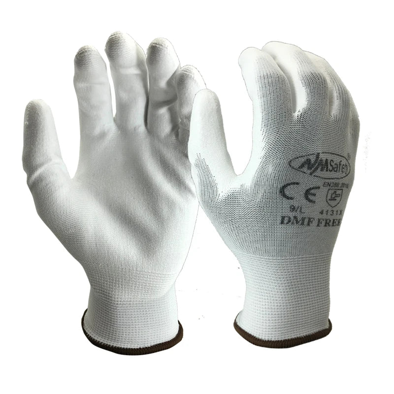 Guantes de trabajo con recubrimiento de PU – 12 pares | Certificación CE EN388 | Tejido de nailon, sin DMF