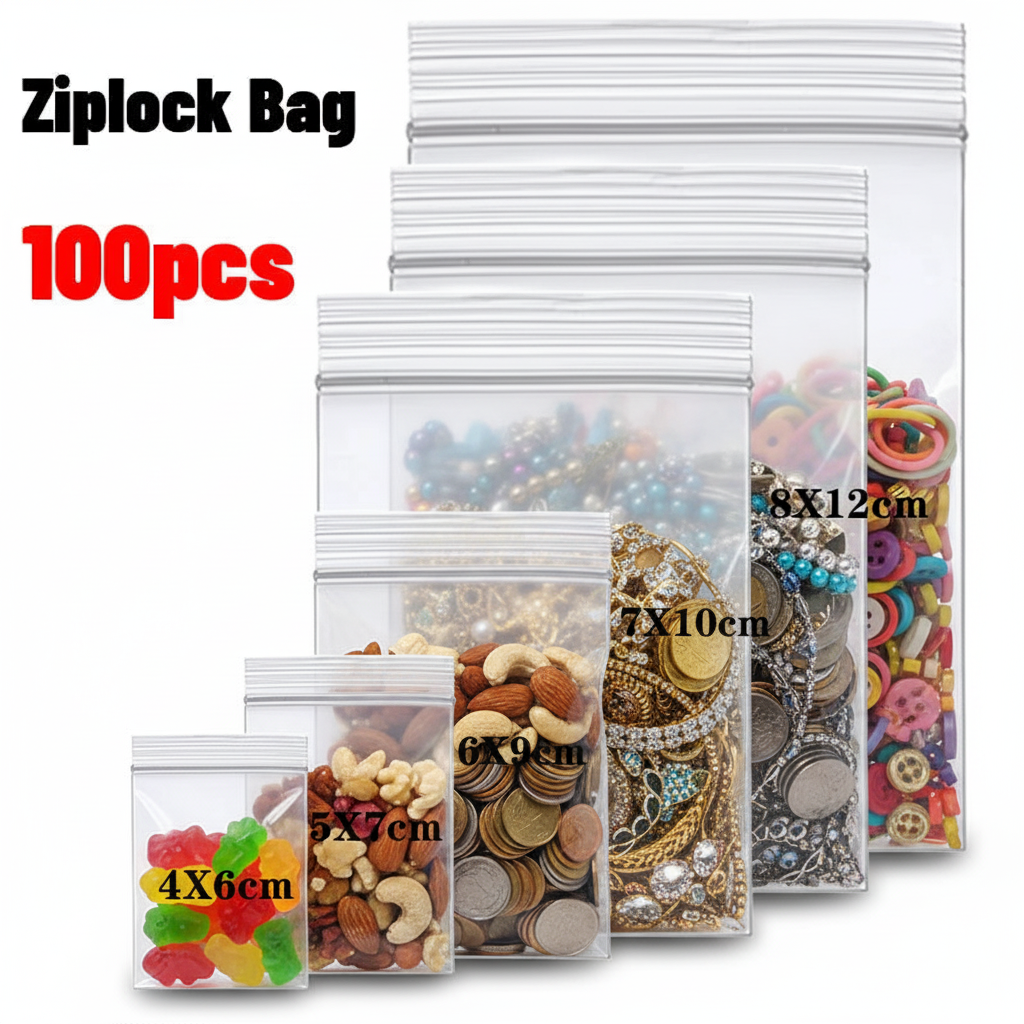 ZipBag 100 – Sacos Plásticos Transparentes Reutilizáveis (Pacote com 100)